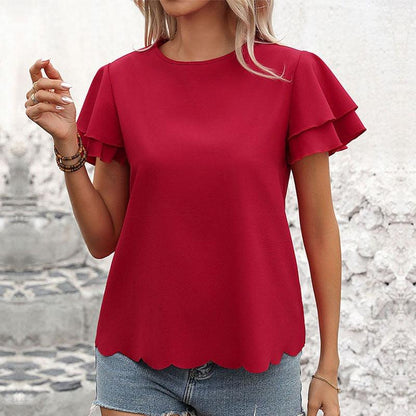 Lotus Blossom Ruffle Top - Stylish Red Double-layer Lotus Leaf Sleeve Blouse - Country in My Heart