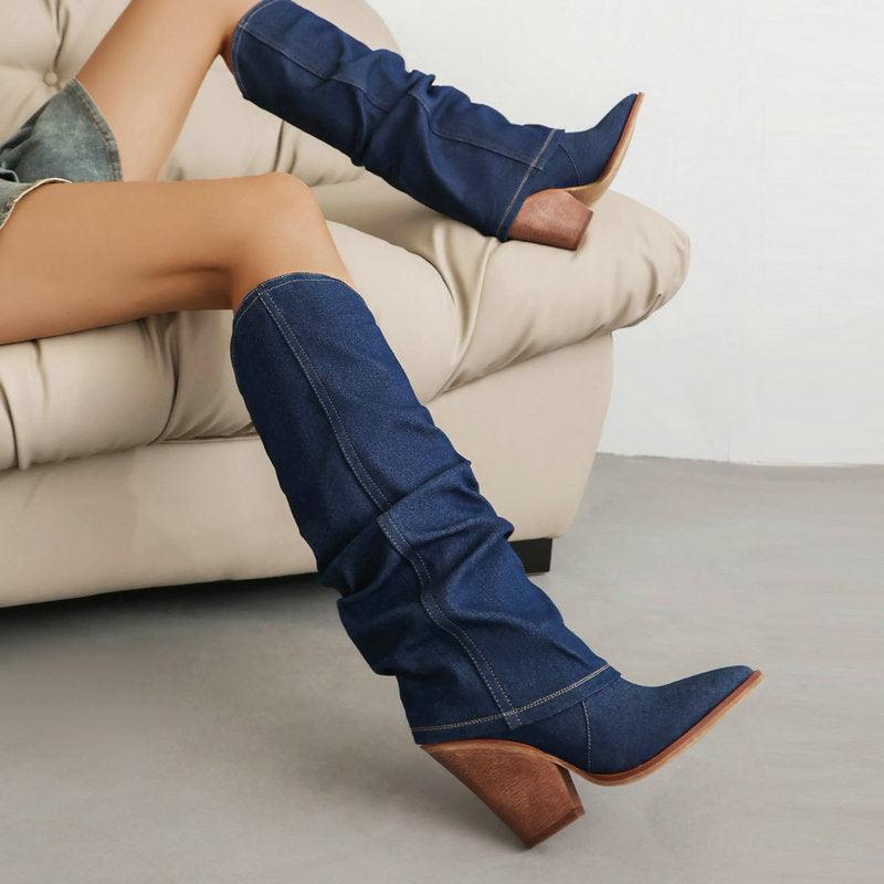 Denim Cowboy Slouch Boots | Stylish Knee-High Cowboy Boots for Cowgirls - Country in My Heart