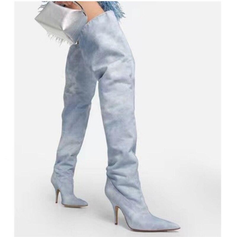 Women's Ultra-High Heel Denim Pointed Toe Catwalk Knee Boots - Country in My Heart