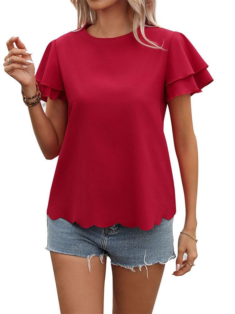 Lotus Blossom Ruffle Top - Stylish Red Double-layer Lotus Leaf Sleeve Blouse - Country in My Heart