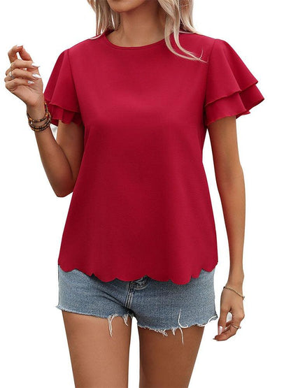 Lotus Blossom Ruffle Top - Stylish Red Double-layer Lotus Leaf Sleeve Blouse - Country in My Heart