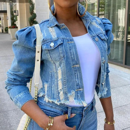 Chic Distressed Denim Puffy Sleeves Jacket – Fashionable Cropped Jean Jacket - Country in My Heart