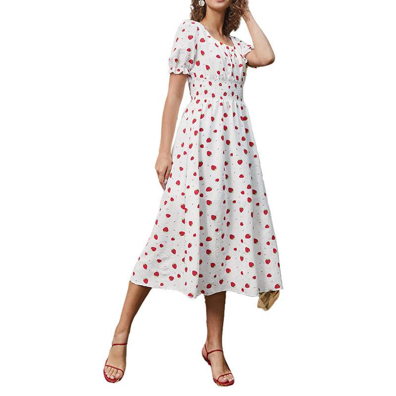 chiffon strawberry dress Pink Plunge Strawberry Print Puff Sleeve Maxi Dress