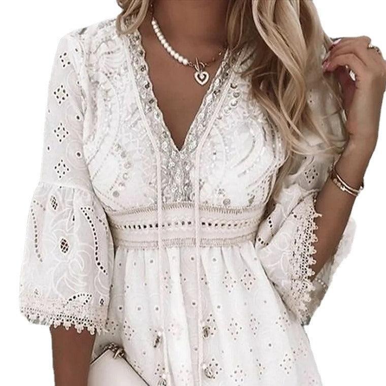 Lace Embroidered Romance Dress - Sweet and Fresh Floral Cotton Dress for Women White / XXXL Lace Embroidered Romance Dress - Sweet and Fresh Floral Cotton Dress for Women White / XXXL