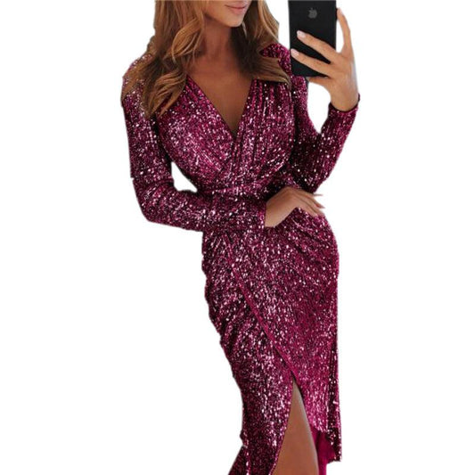 Long Sleeve V-Neck Sequin Dinner Dress | Sexy Chic Dress for Special Occasions - Country in My Heart