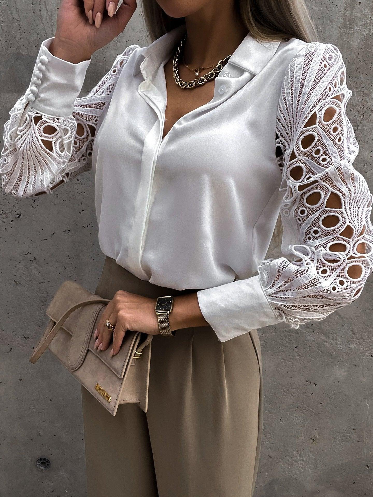 Luxe Lace Button-Up Top - Elegant Cotton Blouse with Lace Details - Country in My Heart