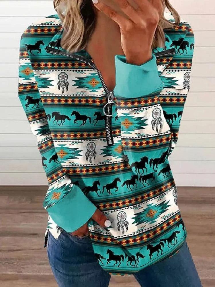 Western Style Zipper Sweater | Cowgirl Chic Pullover with Horse Print - Country in My Heart