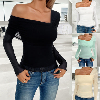 Chic Slanted Collar Mesh Top - Sexy One Shoulder Fashion Top for Women - Country in My Heart