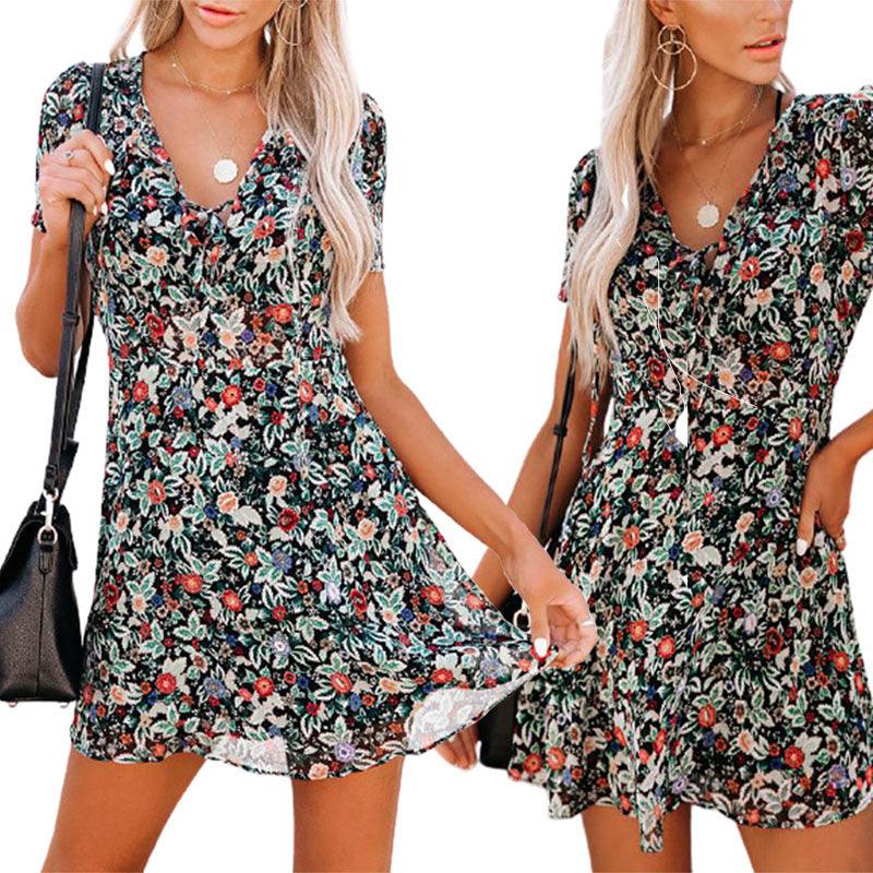 Women's Summer Short Sleeve V-Neck Floral Dress - Country in My Heart