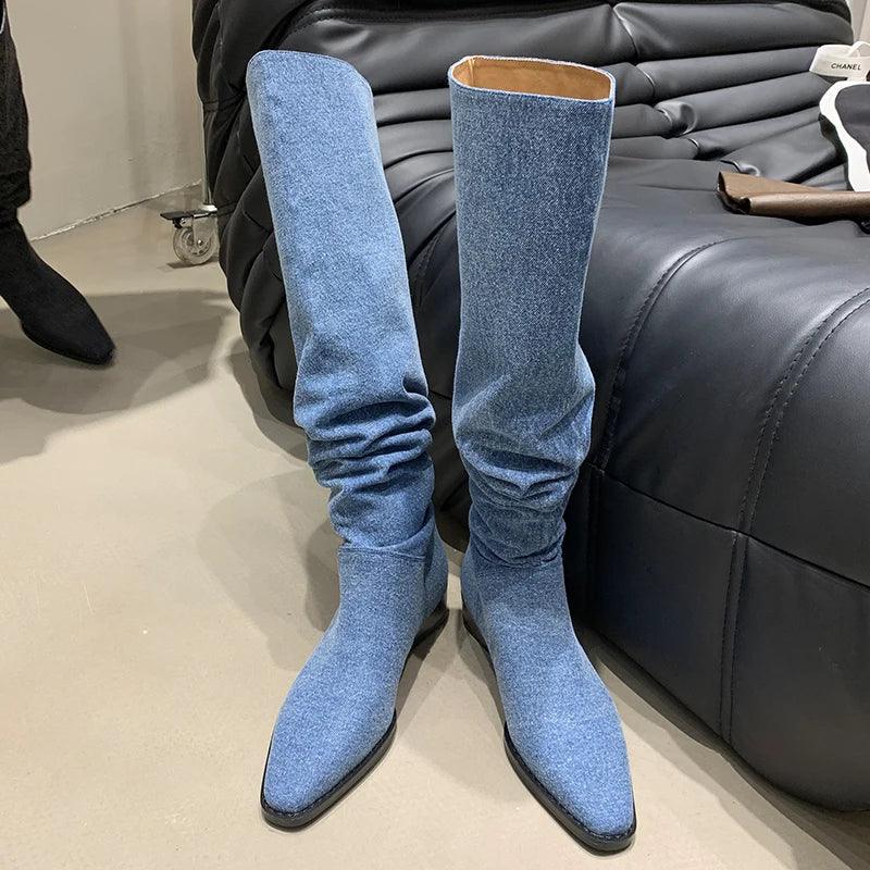 Women’s Denim Knee High Boots - Casual Cowboy Style - Country in My Heart