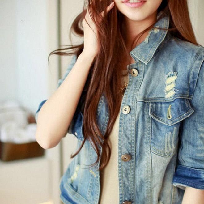 Cute Diamonds Encrusted Half Sleeve Denim Jacket - Country in My Heart