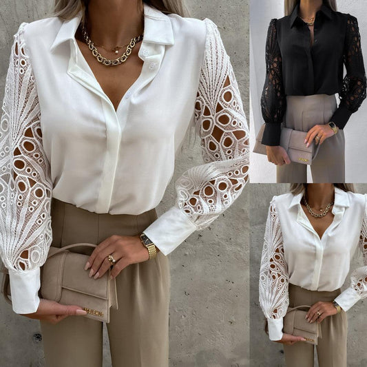 Luxe Lace Button-Up Top - Elegant Cotton Blouse with Lace Details - Country in My Heart