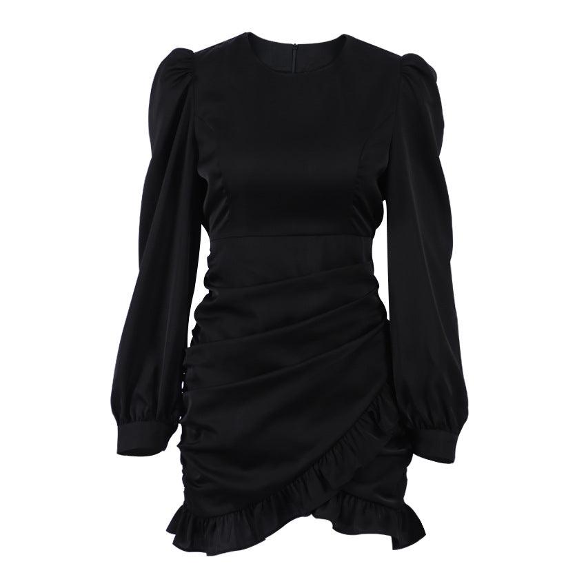 French Pleated Long Sleeved Little Black Dress – Elegant and Trendy Dress for Women - Country in My Heart