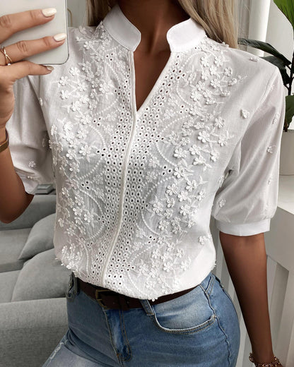 French Lace Embroidered Top - Stylish Stand Up Collar Top for Trendy Women - Country in My Heart