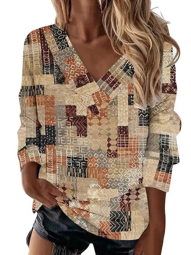 Boho Western V-Neck Long Sleeved Top – Stylish Cowgirl Fashion with Geometric Patterns - Country in My Heart