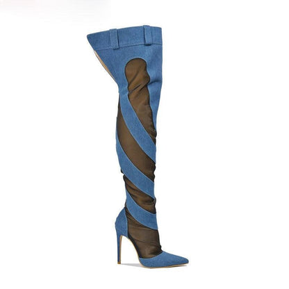 Patchwork Thigh High Knee Boots - Brazen Blue & Jet Black | Ultra High Heels - Country in My Heart