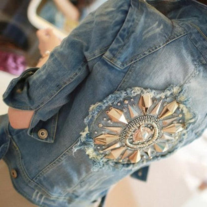 Cute Diamonds Encrusted Half Sleeve Denim Jacket - Country in My Heart