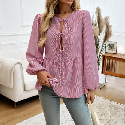 Boho Chic Striped Lace-Up Shirt - Trendy Loose Fit Casual Top for Women - Country in My Heart