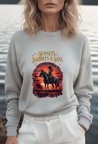 Sunsets Saddles and Sass Softstyle Fleece Crewneck Sweatshirt - Country in My Heart