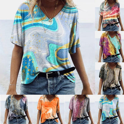 Women's Spring Glitzy V-Neck Short Sleeved Marble Print Top - Country in My Heart