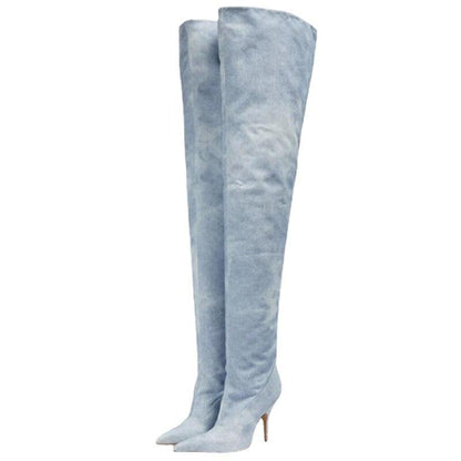 Women's Ultra-High Heel Denim Pointed Toe Catwalk Knee Boots - Country in My Heart