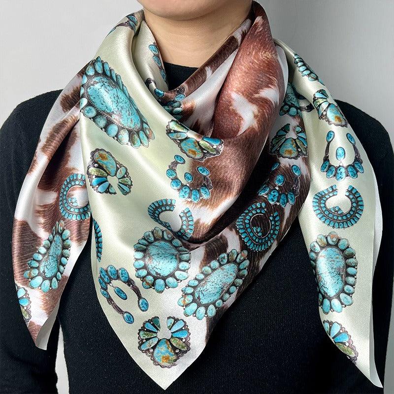 Western Style Cow Pattern Turquoise Scarf – Elegant Cowgirl Accessory - Country in My Heart