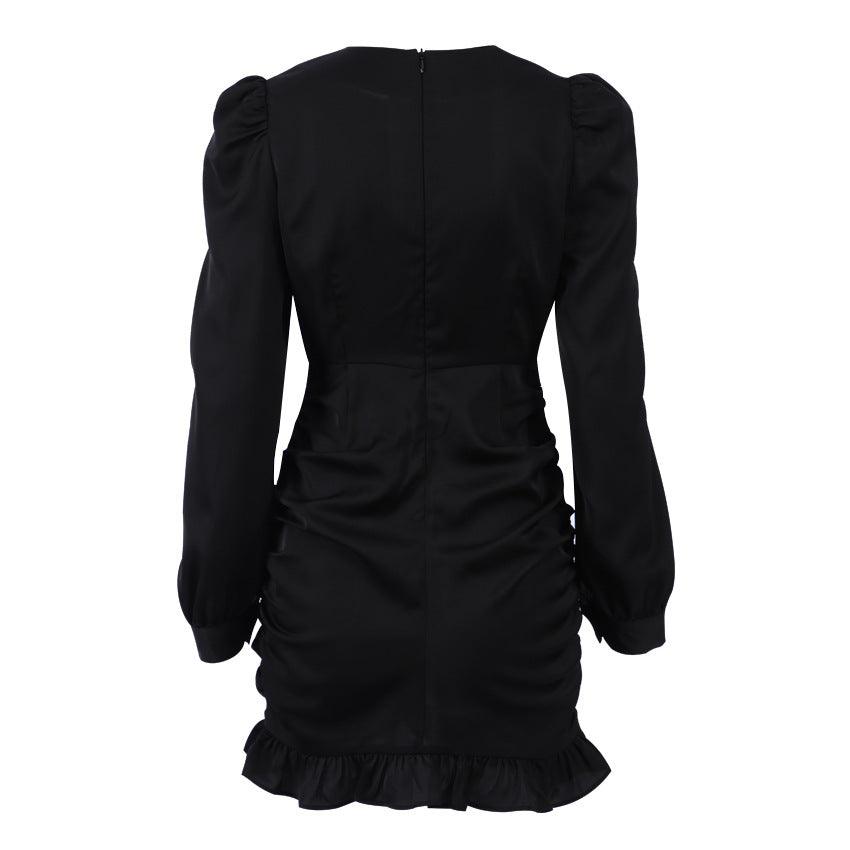 French Pleated Long Sleeved Little Black Dress – Elegant and Trendy Dress for Women - Country in My Heart