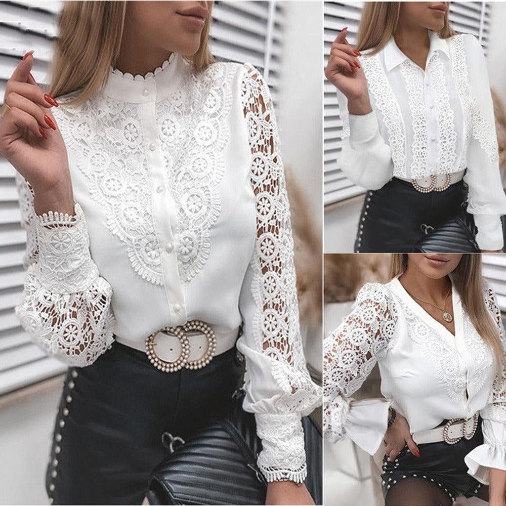 Stylish White Lace Long Sleeved Cut Out Shirt - Country in My Heart