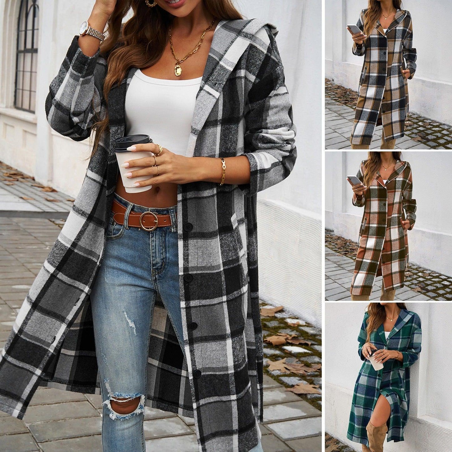 Contrasting Color Hooded Jacket – Stylish Cowgirl Outerwear with Checkered Pattern - Country in My Heart