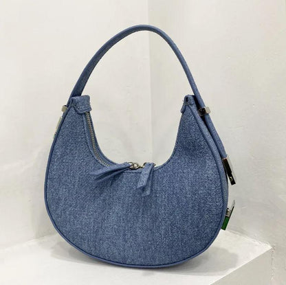 Crescent Shape Denim Handbag | Stylish Cotton Denim with Silver Hardware - Country in My Heart