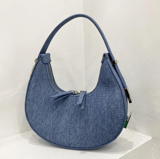 Crescent Shape Denim Handbag | Stylish Cotton Denim with Silver Hardware - Country in My Heart