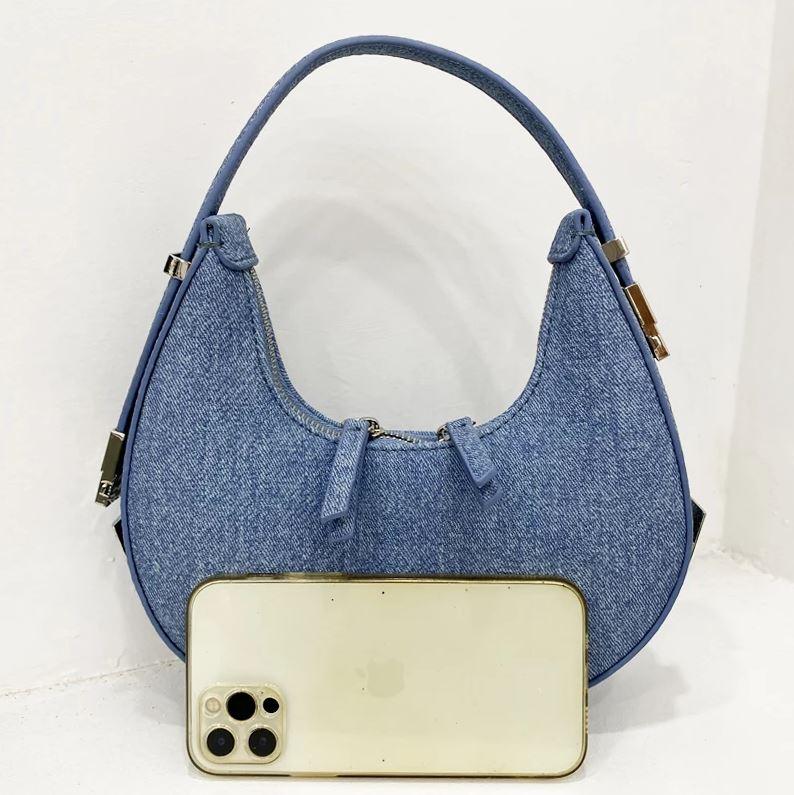 Crescent Shape Denim Handbag | Stylish Cotton Denim with Silver Hardware - Country in My Heart