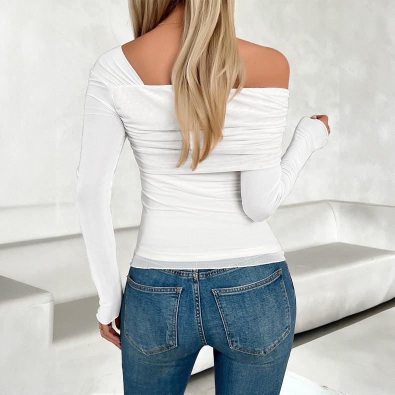 Chic Slanted Collar Mesh Top - Sexy One Shoulder Fashion Top for Women - Country in My Heart