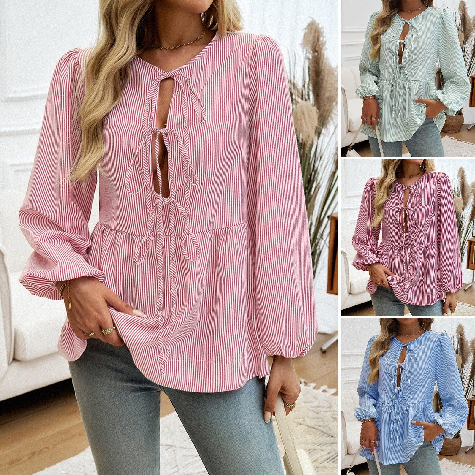 Boho Chic Striped Lace-Up Shirt - Trendy Loose Fit Casual Top for Women - Country in My Heart