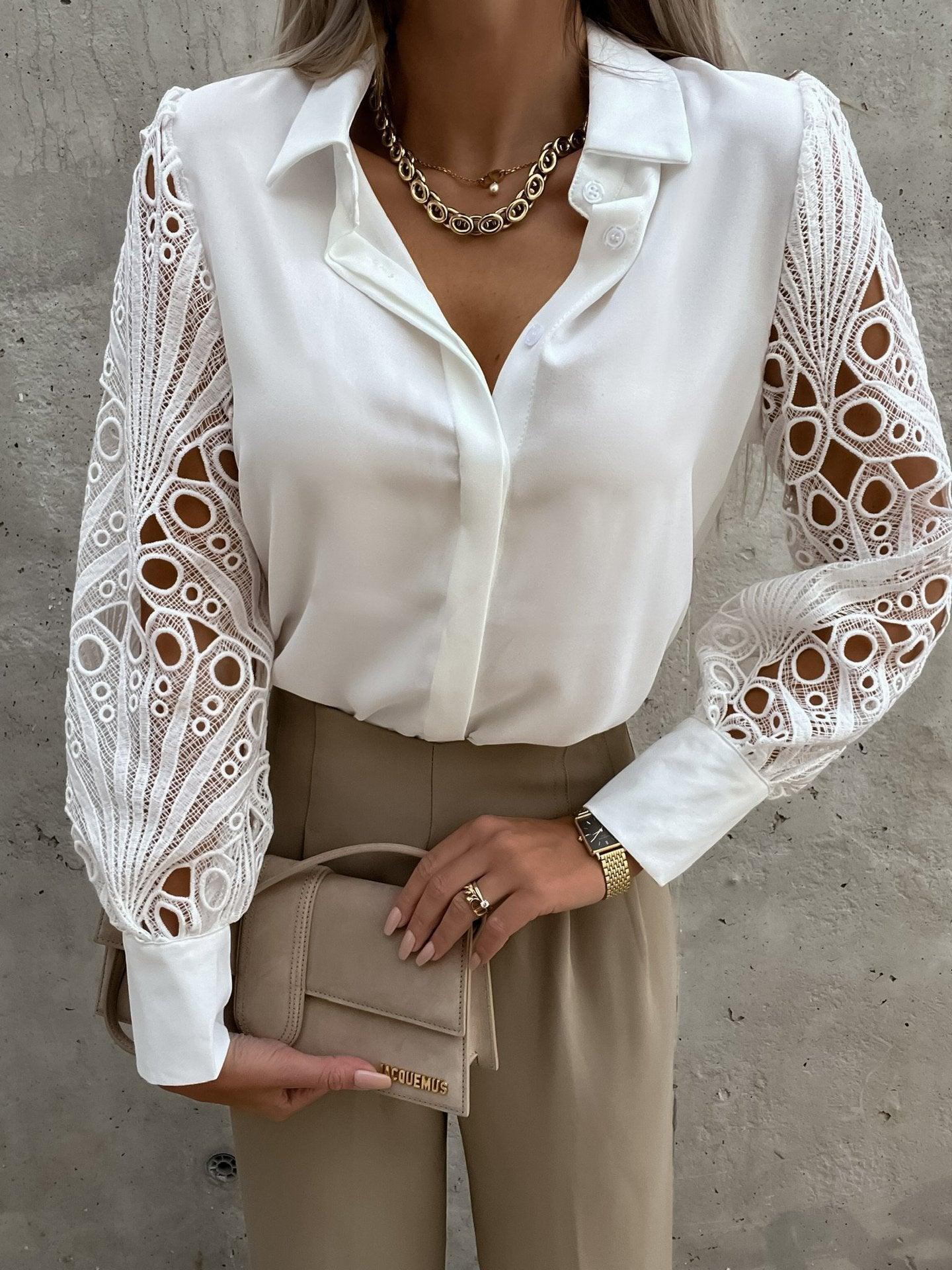 Luxe Lace Button-Up Top - Elegant Cotton Blouse with Lace Details - Country in My Heart