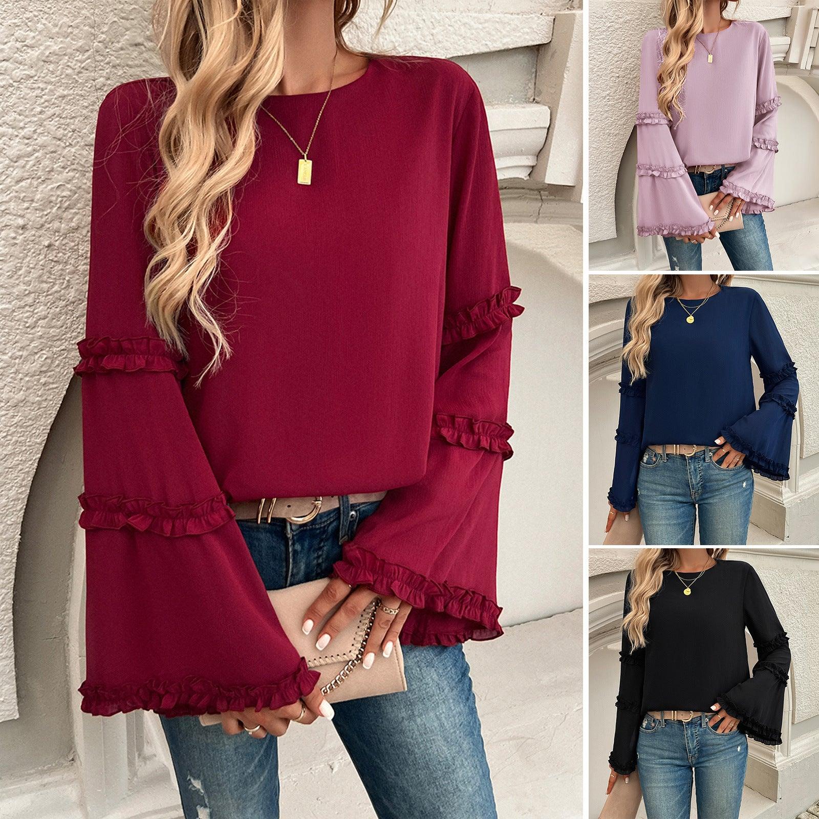 Elegant Socialite Trumpet Sleeved Top – Stylish Ruffled Blouse for Trendy Women - Country in My Heart