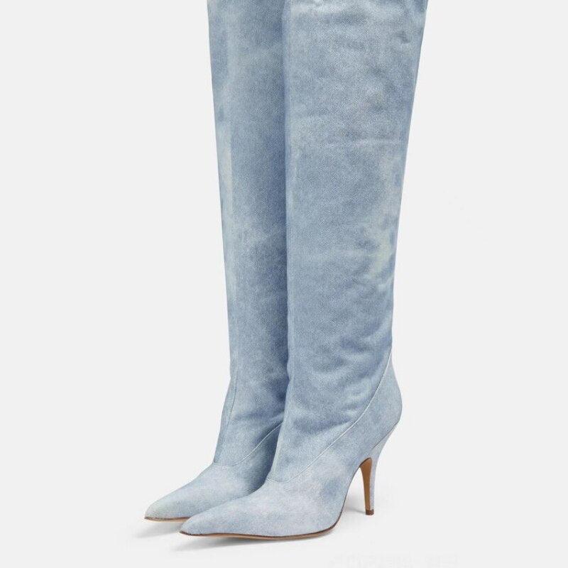 Women's Ultra-High Heel Denim Pointed Toe Catwalk Knee Boots - Country in My Heart