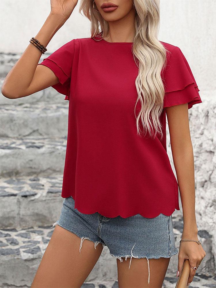 Lotus Blossom Ruffle Top - Stylish Red Double-layer Lotus Leaf Sleeve Blouse - Country in My Heart