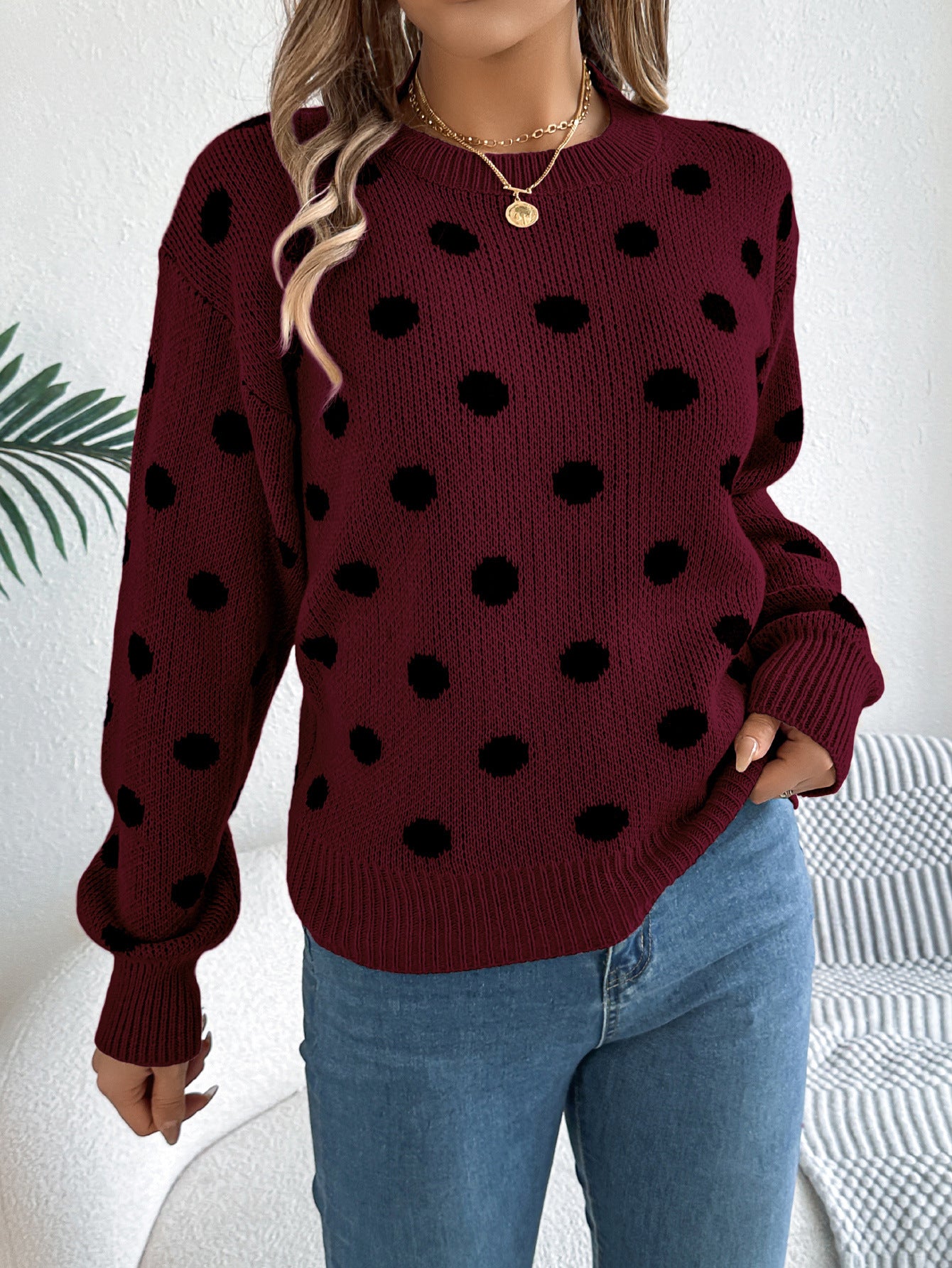 Polka Dot Long-Sleeved Pullover Sweater – Cozy and Stylish Cowgirl Sweater