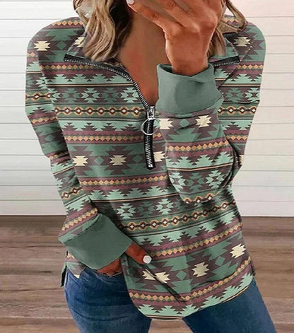 Western Style Zipper Sweater | Cowgirl Chic Pullover with Horse Print - Country in My Heart