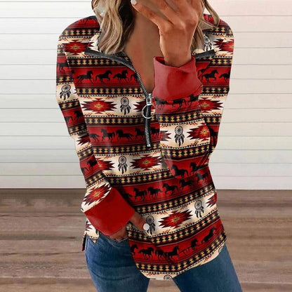 Western Style Zipper Sweater | Cowgirl Chic Pullover with Horse Print - Country in My Heart