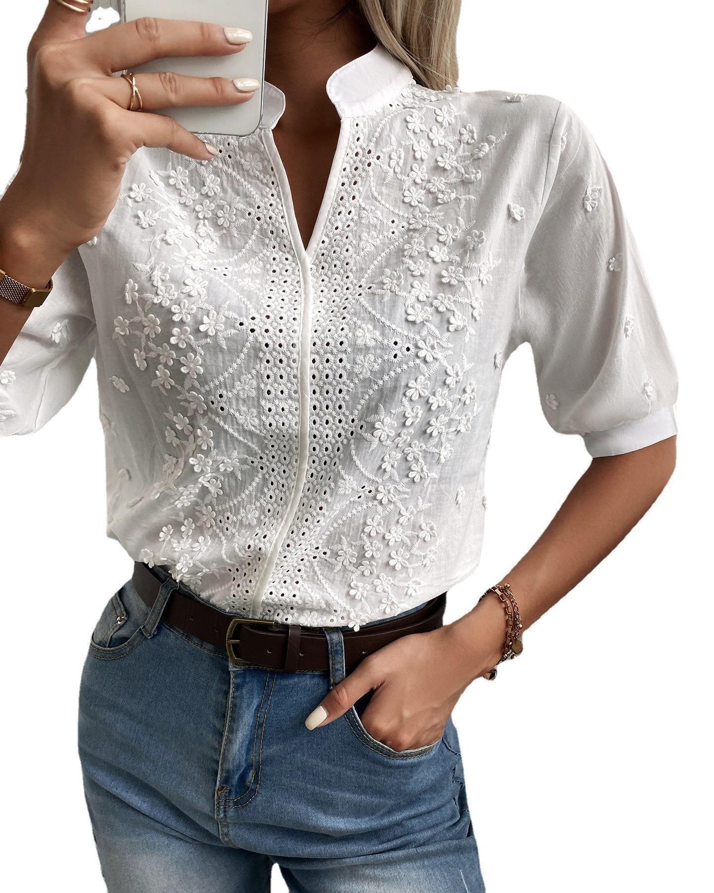 French Lace Embroidered Top - Stylish Stand Up Collar Top for Trendy Women - Country in My Heart