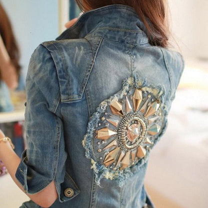 Cute Diamonds Encrusted Half Sleeve Denim Jacket - Country in My Heart