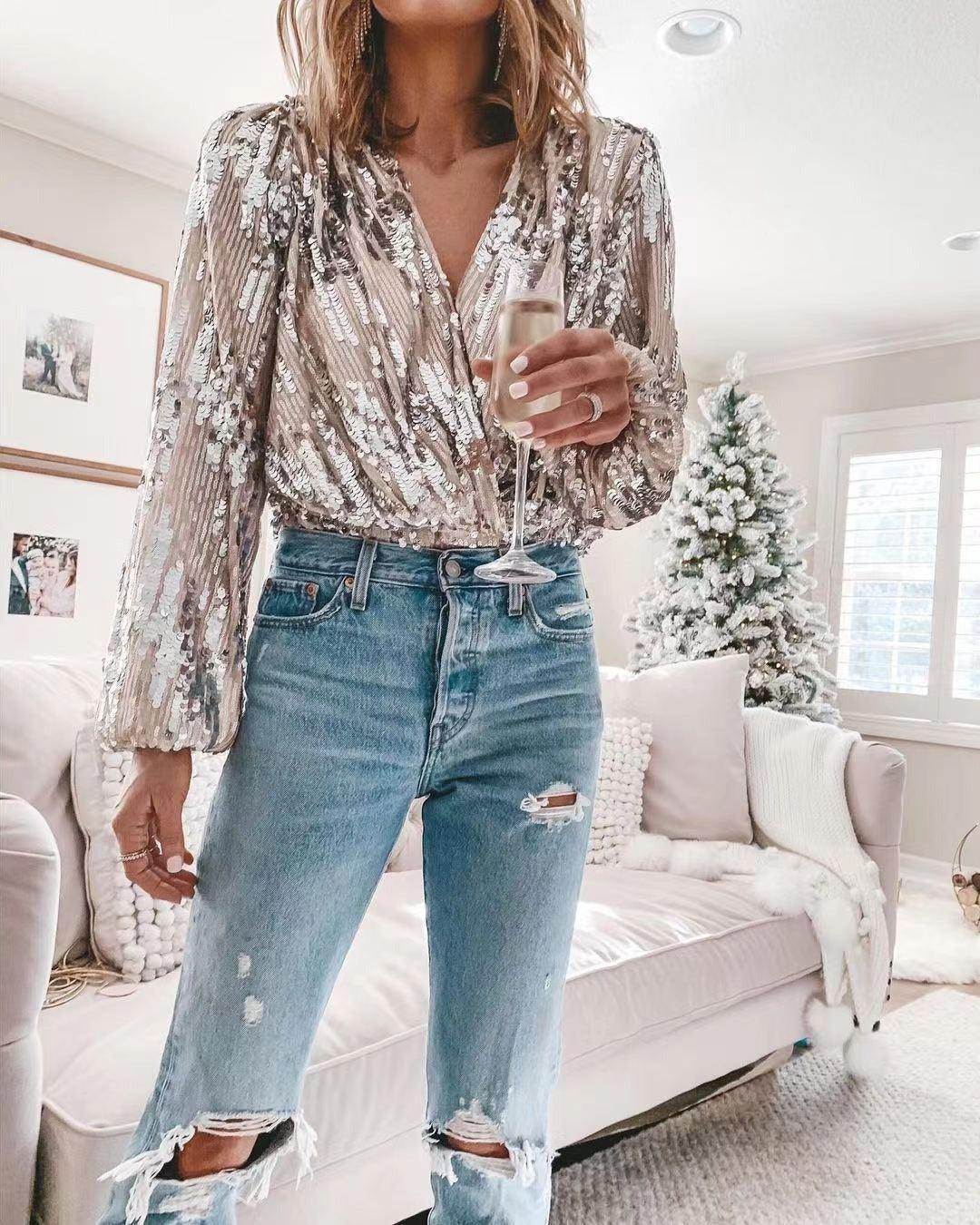 Sophisticated V-Neck Long Sleeved Sequin Top - Country in My Heart