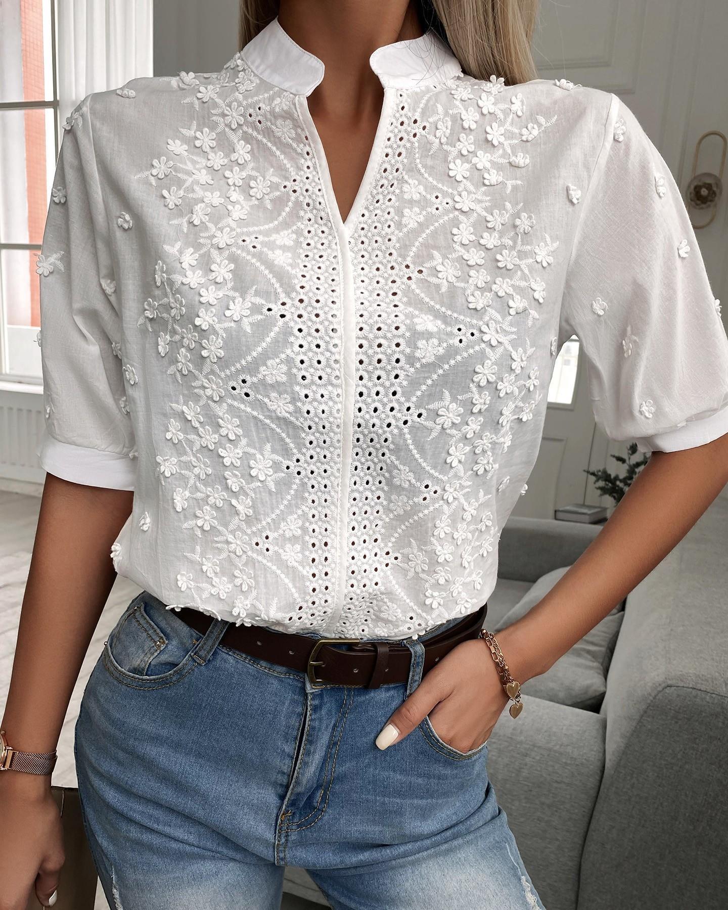 French Lace Embroidered Top - Stylish Stand Up Collar Top for Trendy Women - Country in My Heart