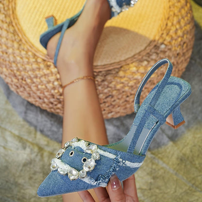 Denim Diamond Buckle Heels - Country in My Heart