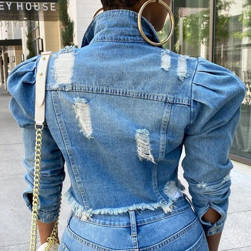 Chic Distressed Denim Puffy Sleeves Jacket – Fashionable Cropped Jean Jacket - Country in My Heart