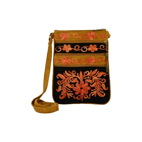 Suede Embroidered Peach and Black Five Zipper Cross Body Bag-3