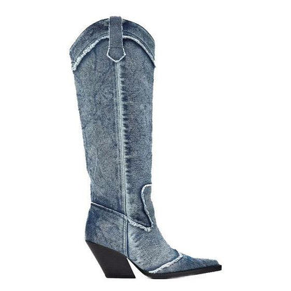 Handcrafted Distressed Denim Knee-High Boots - Country in My Heart