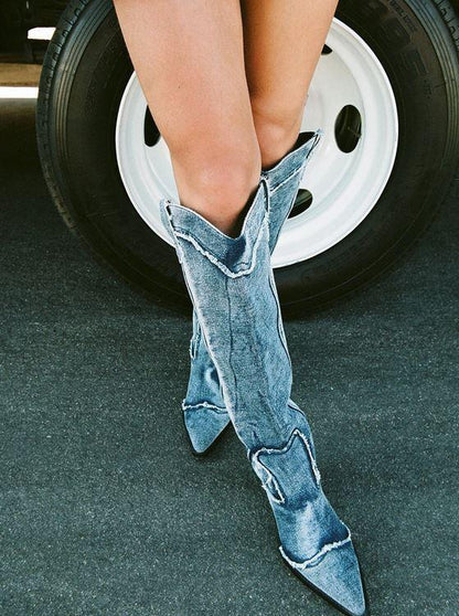 Handcrafted Distressed Denim Knee-High Boots - Country in My Heart